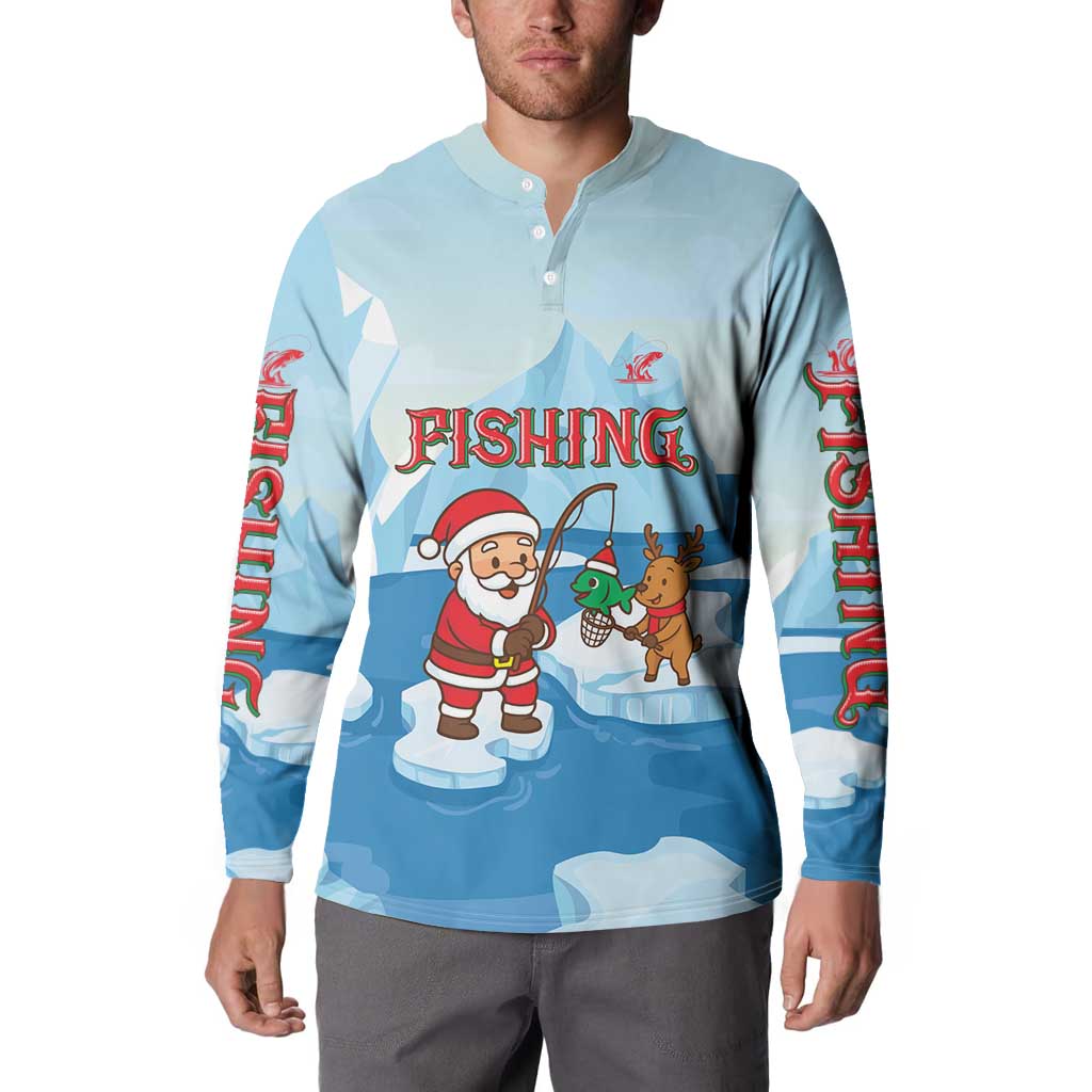 Christmas Fishing Button Sweatshirt with Santa Claus Reindeer Iceberg and Merry Fishmas Design - Wonder Print Shop