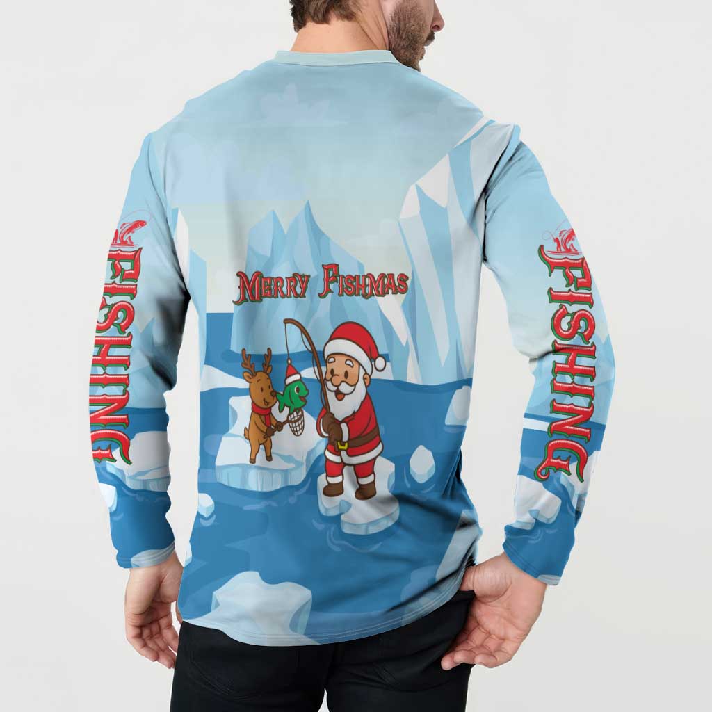Christmas Fishing Button Sweatshirt with Santa Claus Reindeer Iceberg and Merry Fishmas Design - Wonder Print Shop