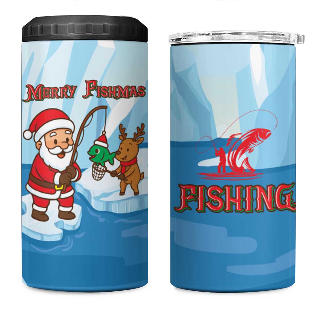 Christmas Fishing 4 in 1 Can Cooler Tumbler with Santa Claus Reindeer Iceberg and Merry Fishmas Design - Wonder Print Shop