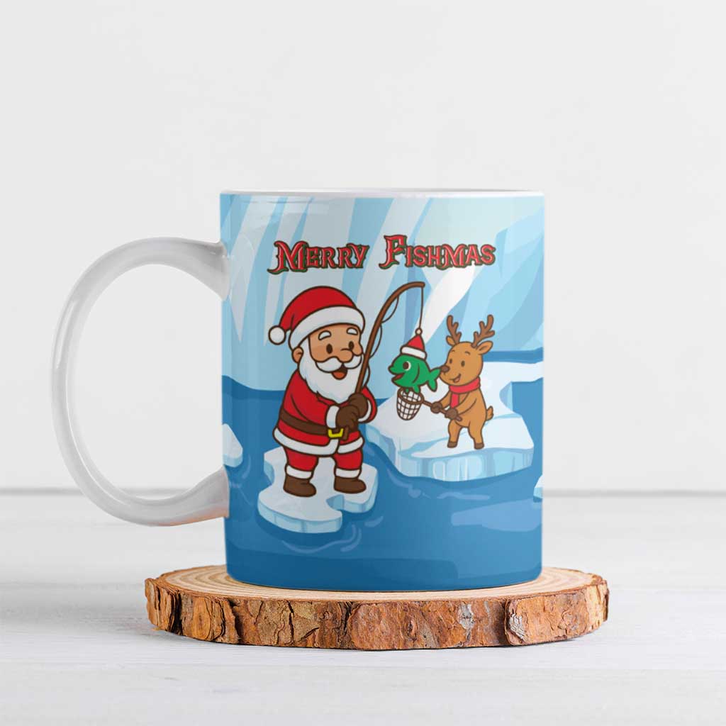 Christmas Fishing Ceramic Mug with Santa Claus Reindeer Iceberg and Merry Fishmas Design - Wonder Print Shop