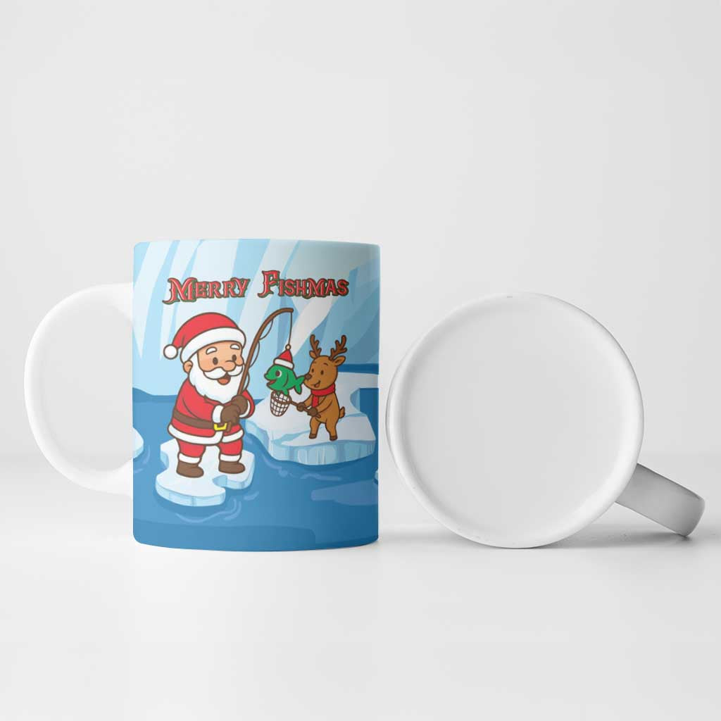 Christmas Fishing Ceramic Mug with Santa Claus Reindeer Iceberg and Merry Fishmas Design - Wonder Print Shop