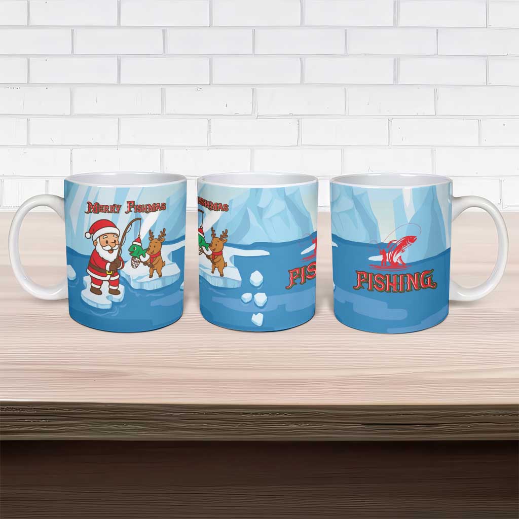 Christmas Fishing Ceramic Mug with Santa Claus Reindeer Iceberg and Merry Fishmas Design - Wonder Print Shop