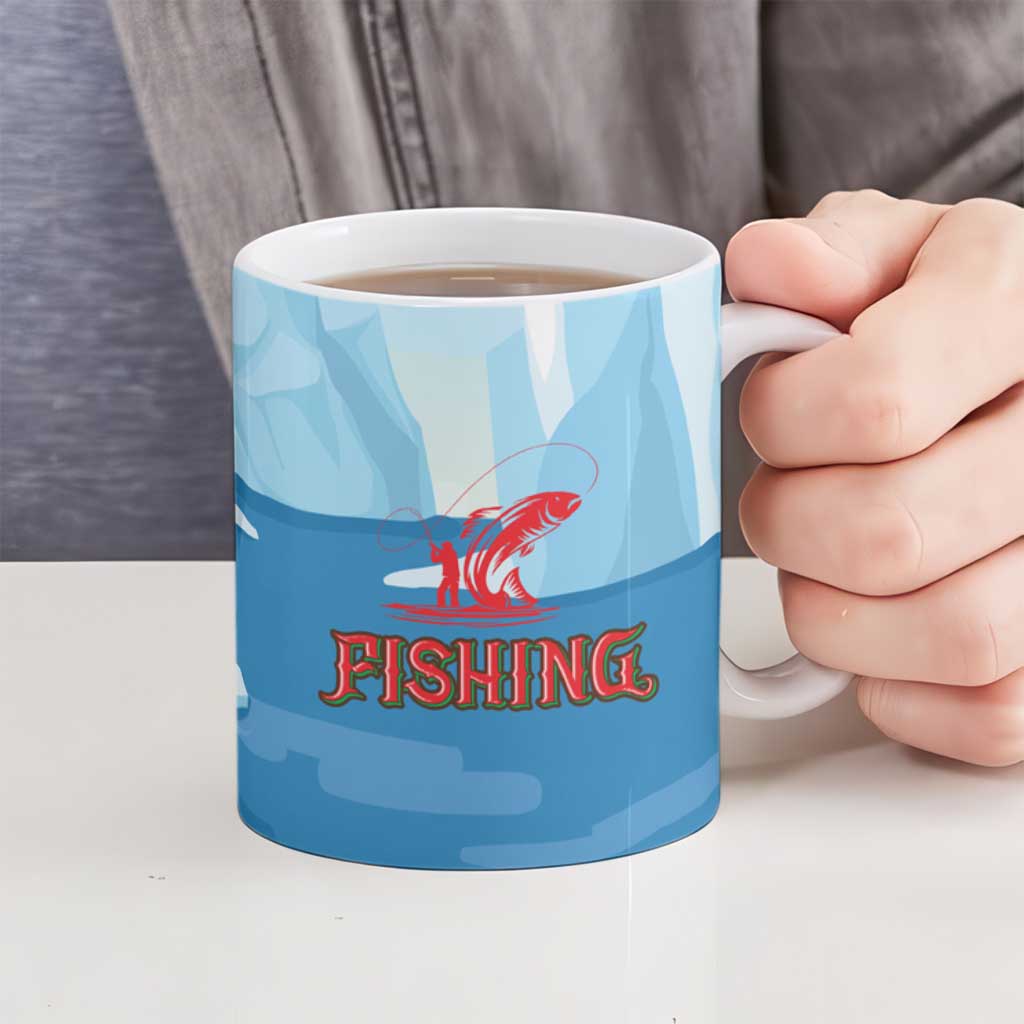 Christmas Fishing Ceramic Mug with Santa Claus Reindeer Iceberg and Merry Fishmas Design - Wonder Print Shop