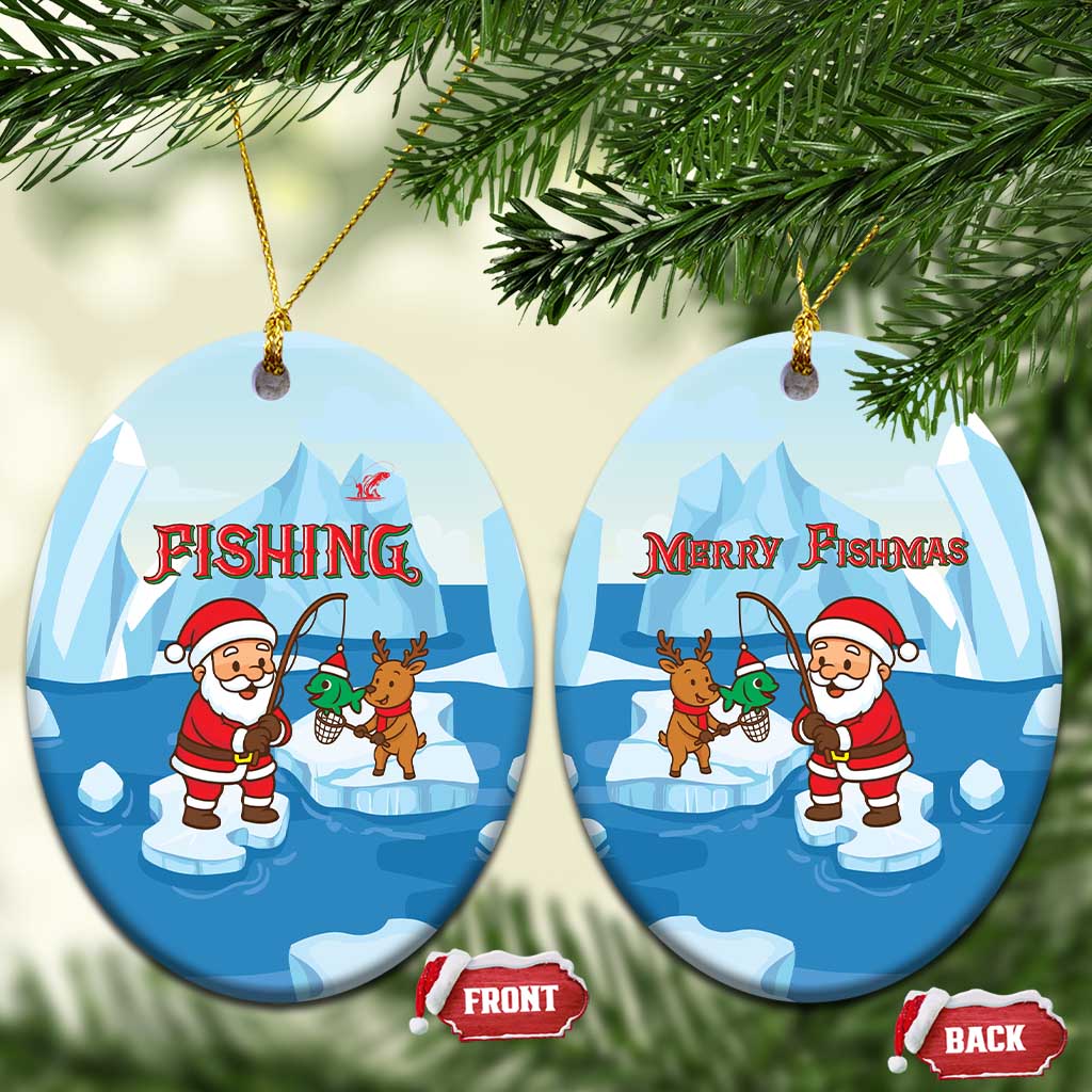 Christmas Fishing Ceramic Ornament with Santa Claus Reindeer Iceberg and Merry Fishmas Design - Wonder Print Shop