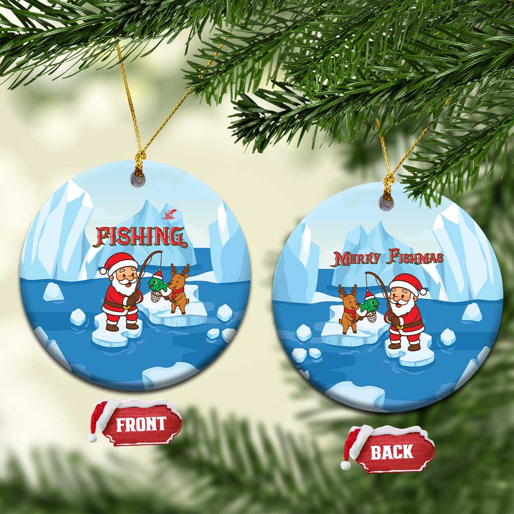 Christmas Fishing Ceramic Ornament with Santa Claus Reindeer Iceberg and Merry Fishmas Design - Wonder Print Shop