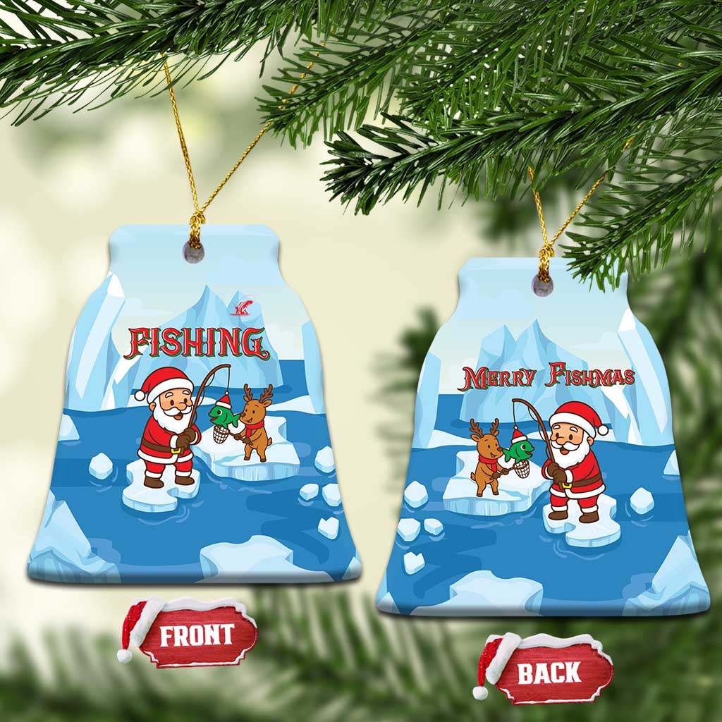 Christmas Fishing Ceramic Ornament with Santa Claus Reindeer Iceberg and Merry Fishmas Design - Wonder Print Shop