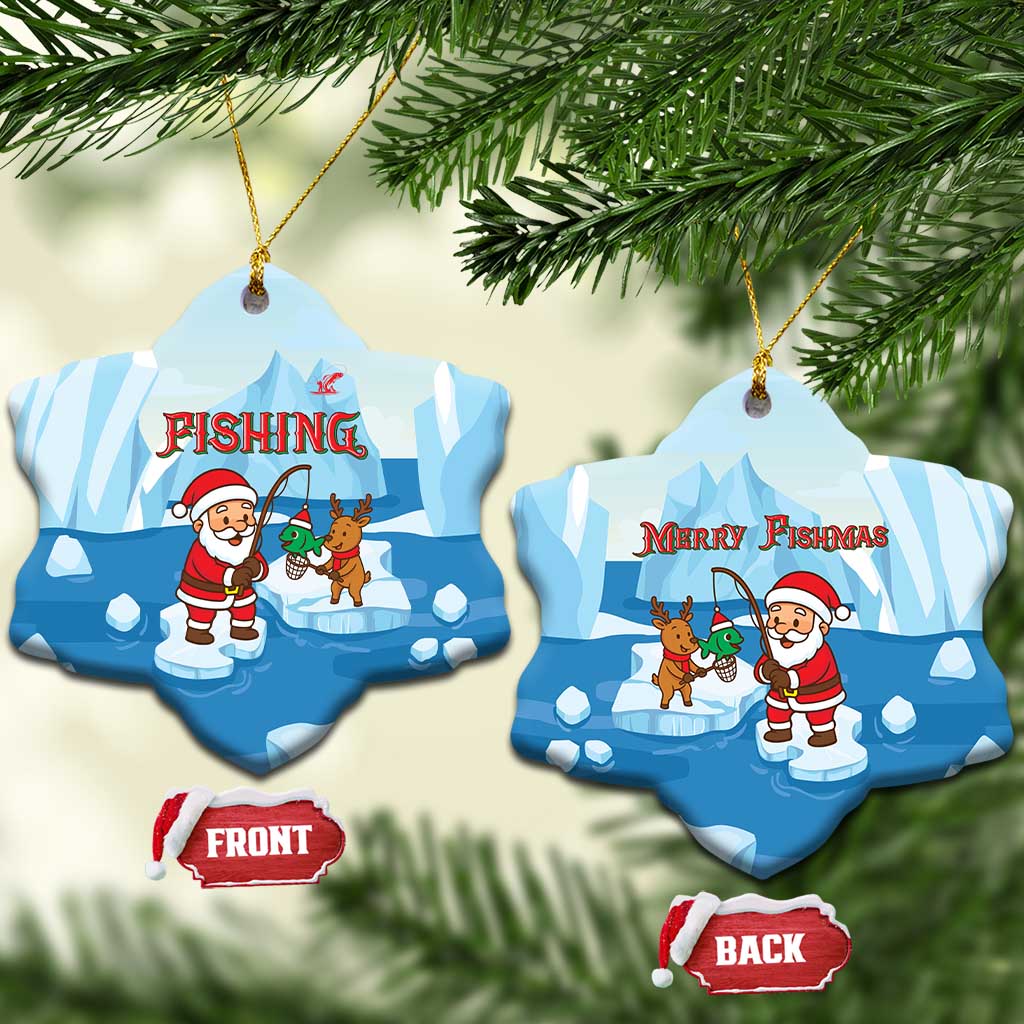 Christmas Fishing Ceramic Ornament with Santa Claus Reindeer Iceberg and Merry Fishmas Design - Wonder Print Shop