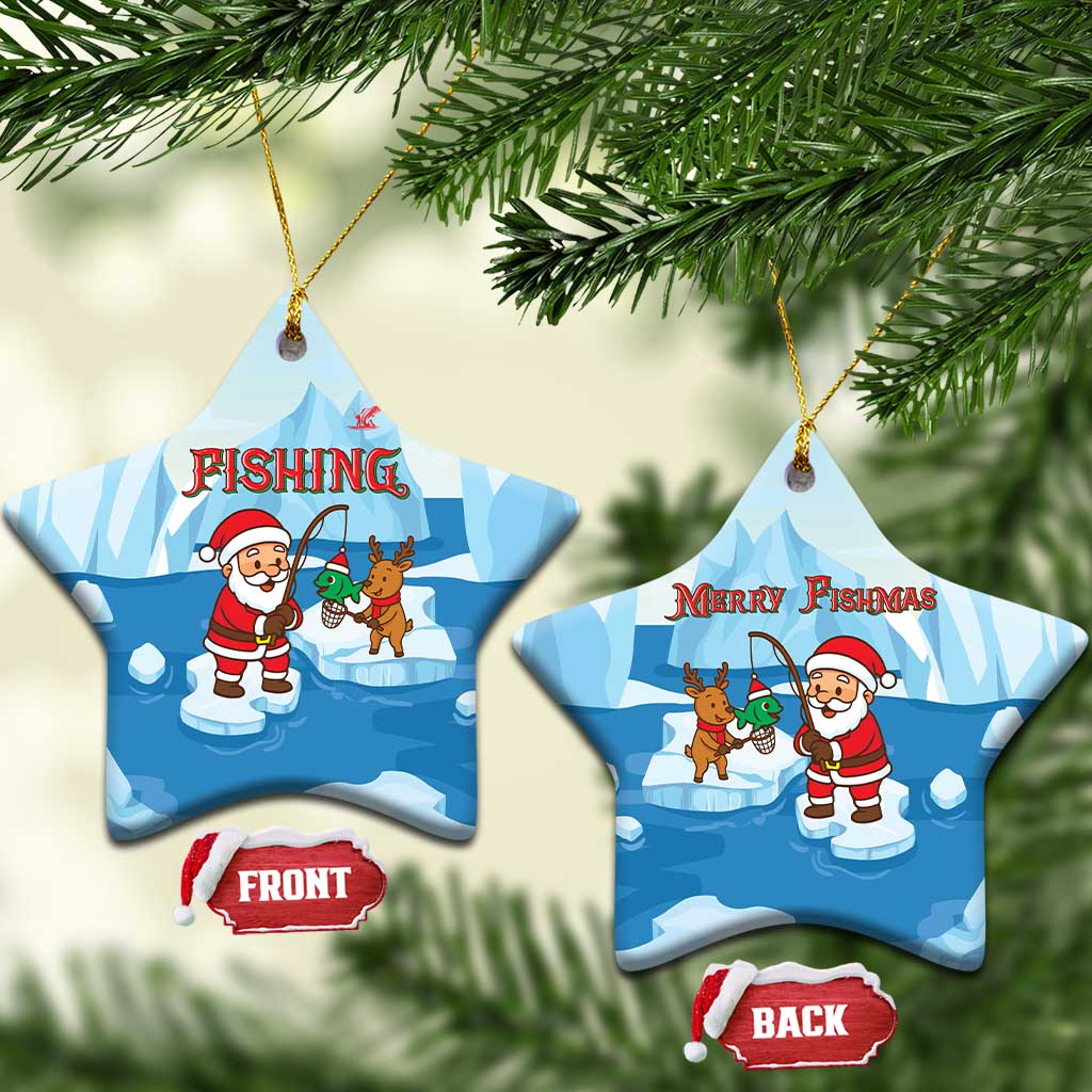 Christmas Fishing Ceramic Ornament with Santa Claus Reindeer Iceberg and Merry Fishmas Design - Wonder Print Shop