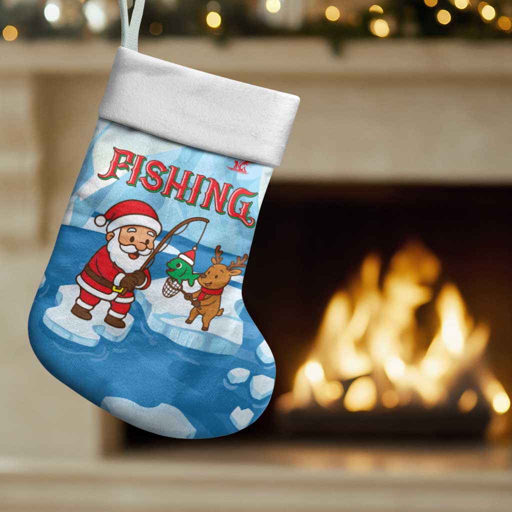 Christmas Fishing Christmas Stocking with Santa Claus Reindeer Iceberg and Merry Fishmas Design - Wonder Print Shop