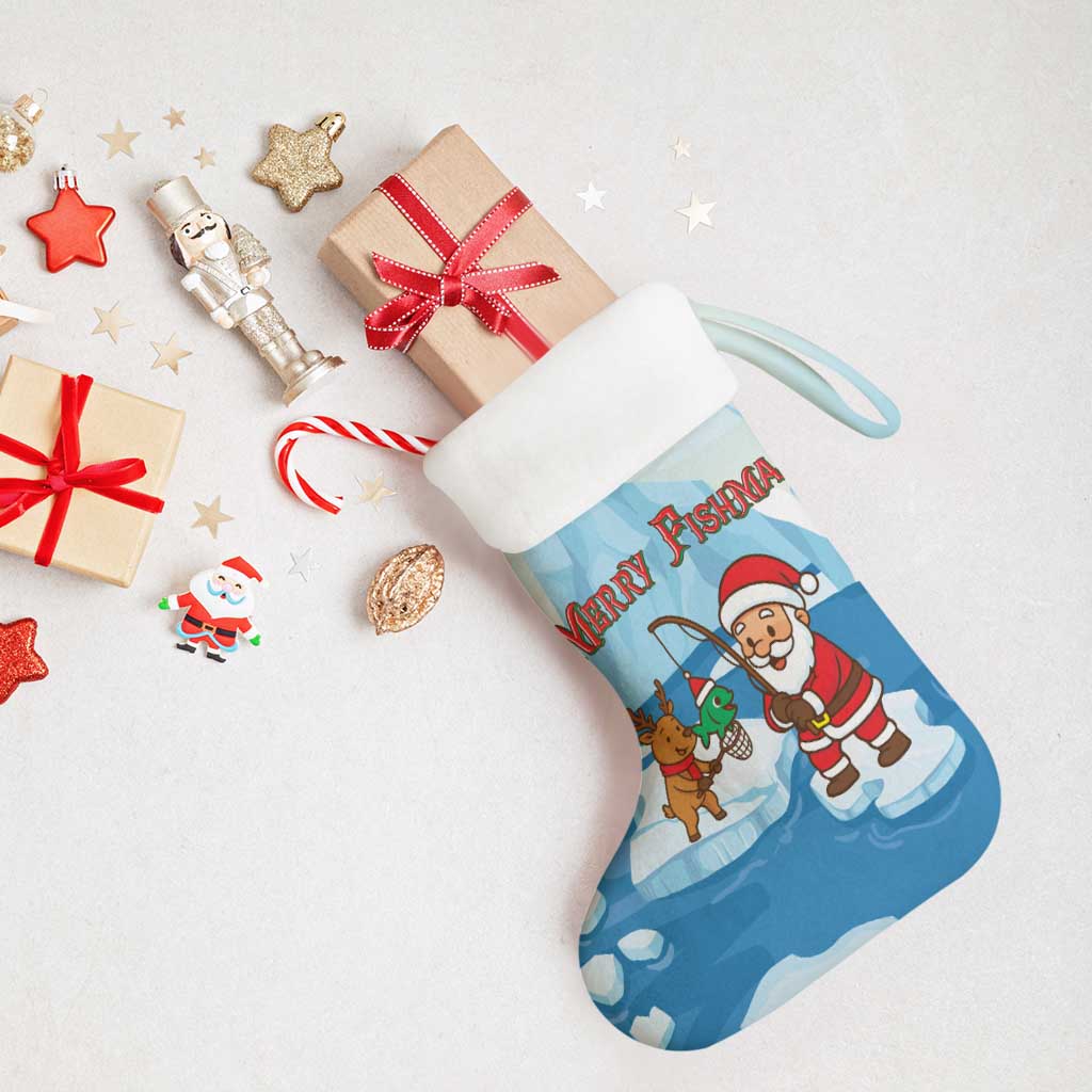 Christmas Fishing Christmas Stocking with Santa Claus Reindeer Iceberg and Merry Fishmas Design - Wonder Print Shop