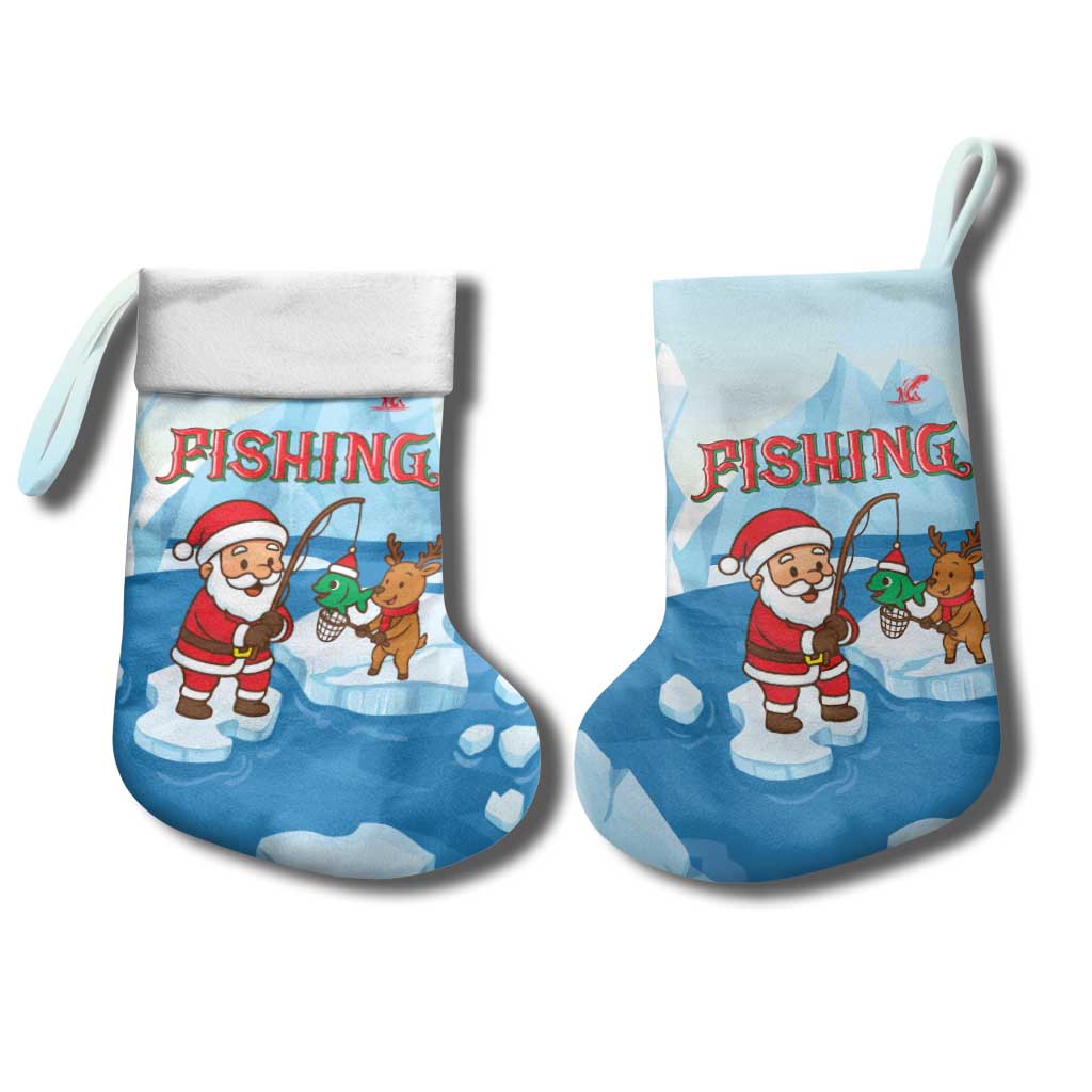 Christmas Fishing Christmas Stocking with Santa Claus Reindeer Iceberg and Merry Fishmas Design - Wonder Print Shop