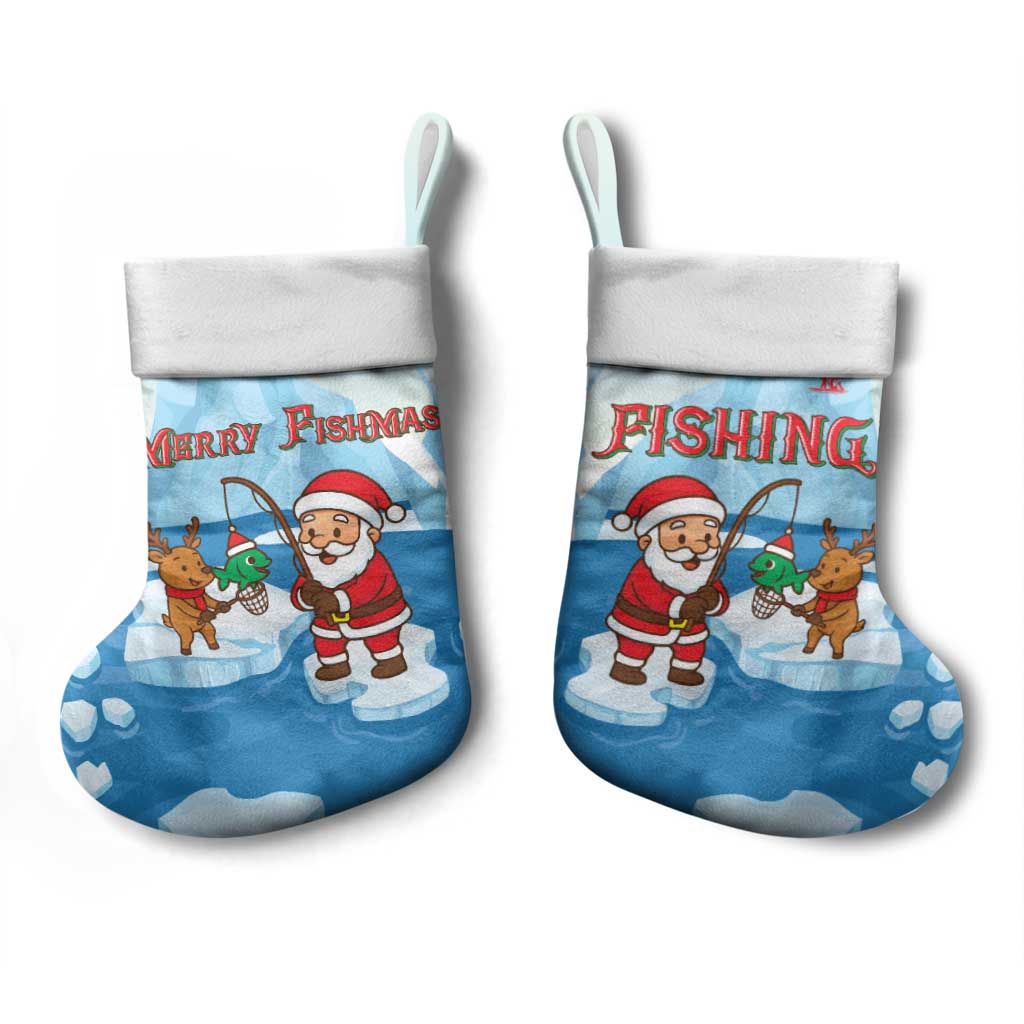 Christmas Fishing Christmas Stocking with Santa Claus Reindeer Iceberg and Merry Fishmas Design - Wonder Print Shop
