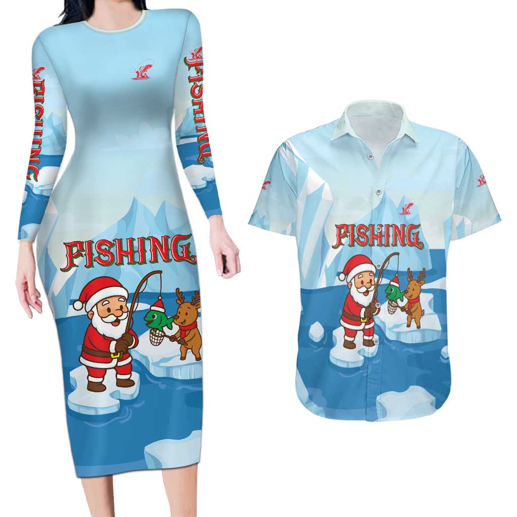 Christmas Fishing Couples Matching Long Sleeve Bodycon Dress and Hawaiian Shirt with Santa Claus Reindeer Iceberg and Merry Fishmas Design - Wonder Print Shop
