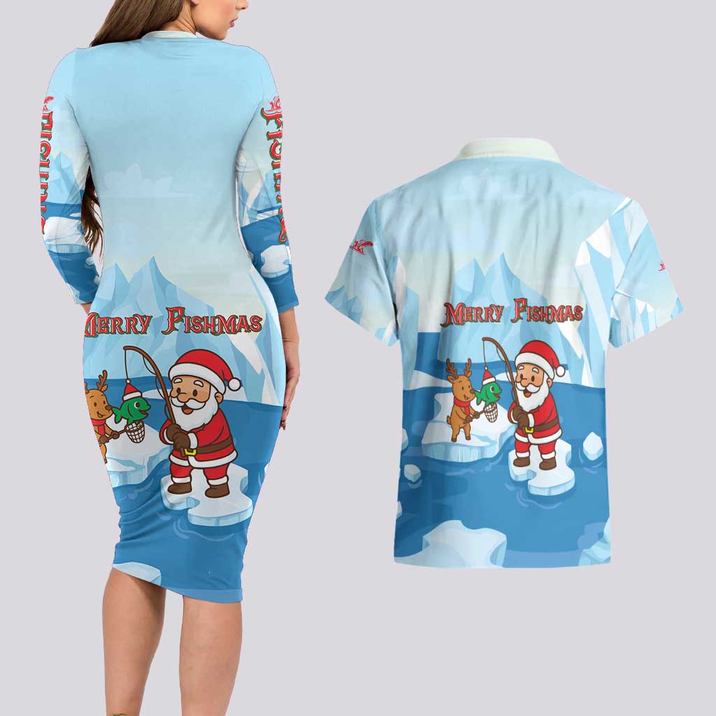 Christmas Fishing Couples Matching Long Sleeve Bodycon Dress and Hawaiian Shirt with Santa Claus Reindeer Iceberg and Merry Fishmas Design - Wonder Print Shop