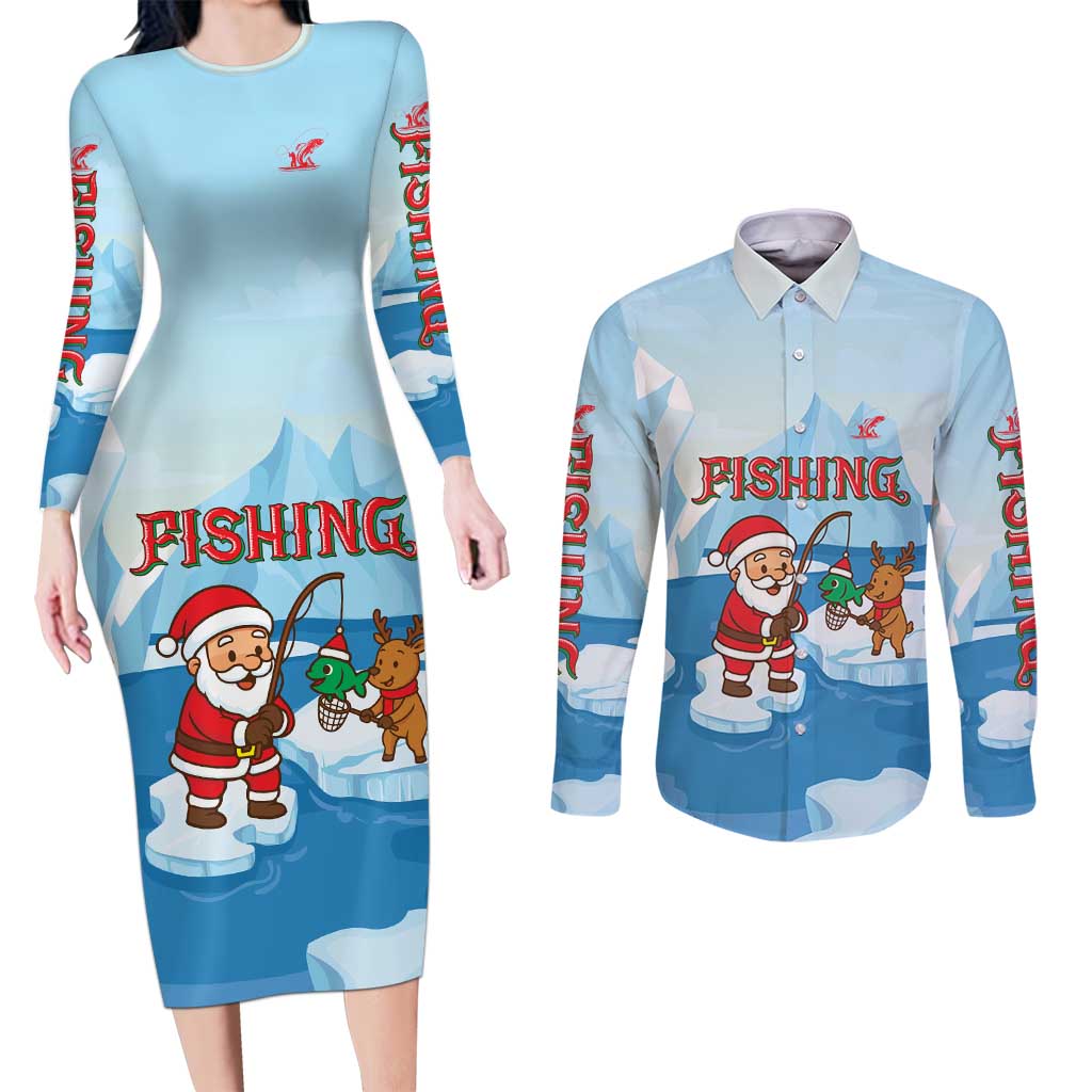 Christmas Fishing Couples Matching Long Sleeve Bodycon Dress and Long Sleeve Button Shirt with Santa Claus Reindeer Iceberg and Merry Fishmas Design - Wonder Print Shop