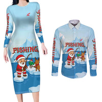 Christmas Fishing Couples Matching Long Sleeve Bodycon Dress and Long Sleeve Button Shirt with Santa Claus Reindeer Iceberg and Merry Fishmas Design - Wonder Print Shop