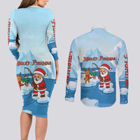 Christmas Fishing Couples Matching Long Sleeve Bodycon Dress and Long Sleeve Button Shirt with Santa Claus Reindeer Iceberg and Merry Fishmas Design - Wonder Print Shop