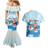 Christmas Fishing Couples Matching Mermaid Dress and Hawaiian Shirt with Santa Claus Reindeer Iceberg and Merry Fishmas Design - Wonder Print Shop