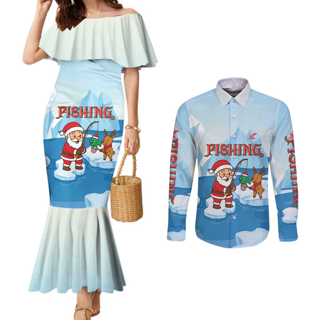 Christmas Fishing Couples Matching Mermaid Dress and Long Sleeve Button Shirt with Santa Claus Reindeer Iceberg and Merry Fishmas Design - Wonder Print Shop