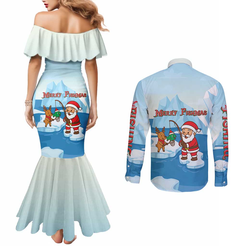 Christmas Fishing Couples Matching Mermaid Dress and Long Sleeve Button Shirt with Santa Claus Reindeer Iceberg and Merry Fishmas Design - Wonder Print Shop