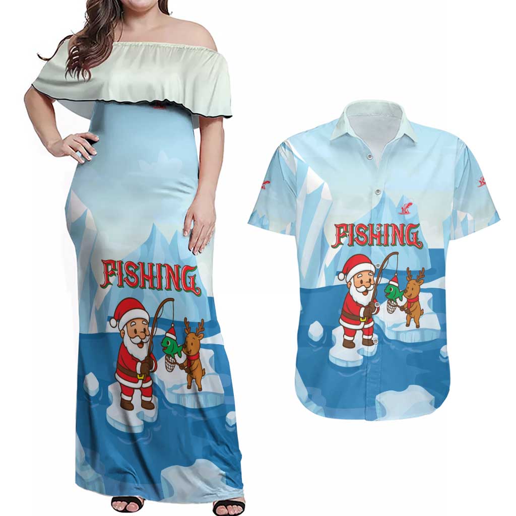 Christmas Fishing Couples Matching Off Shoulder Maxi Dress and Hawaiian Shirt with Santa Claus Reindeer Iceberg and Merry Fishmas Design - Wonder Print Shop