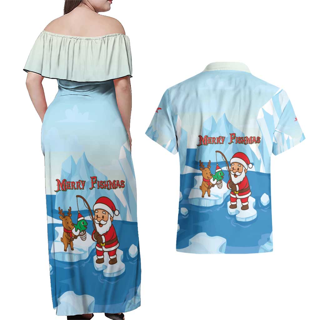 Christmas Fishing Couples Matching Off Shoulder Maxi Dress and Hawaiian Shirt with Santa Claus Reindeer Iceberg and Merry Fishmas Design - Wonder Print Shop