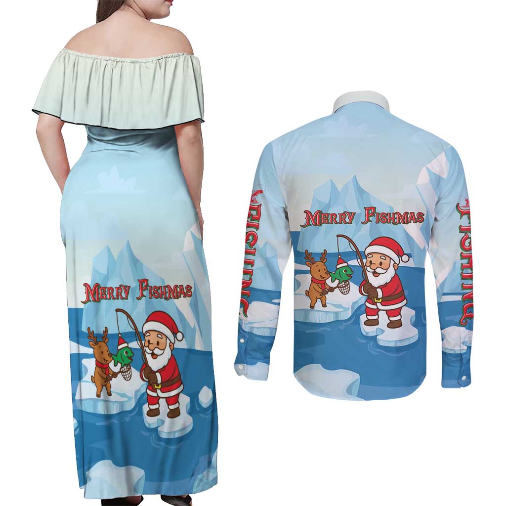 Christmas Fishing Couples Matching Off Shoulder Maxi Dress and Long Sleeve Button Shirt with Santa Claus Reindeer Iceberg and Merry Fishmas Design - Wonder Print Shop