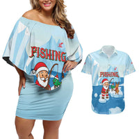 Christmas Fishing Couples Matching Off Shoulder Short Dress and Hawaiian Shirt with Santa Claus Reindeer Iceberg and Merry Fishmas Design - Wonder Print Shop