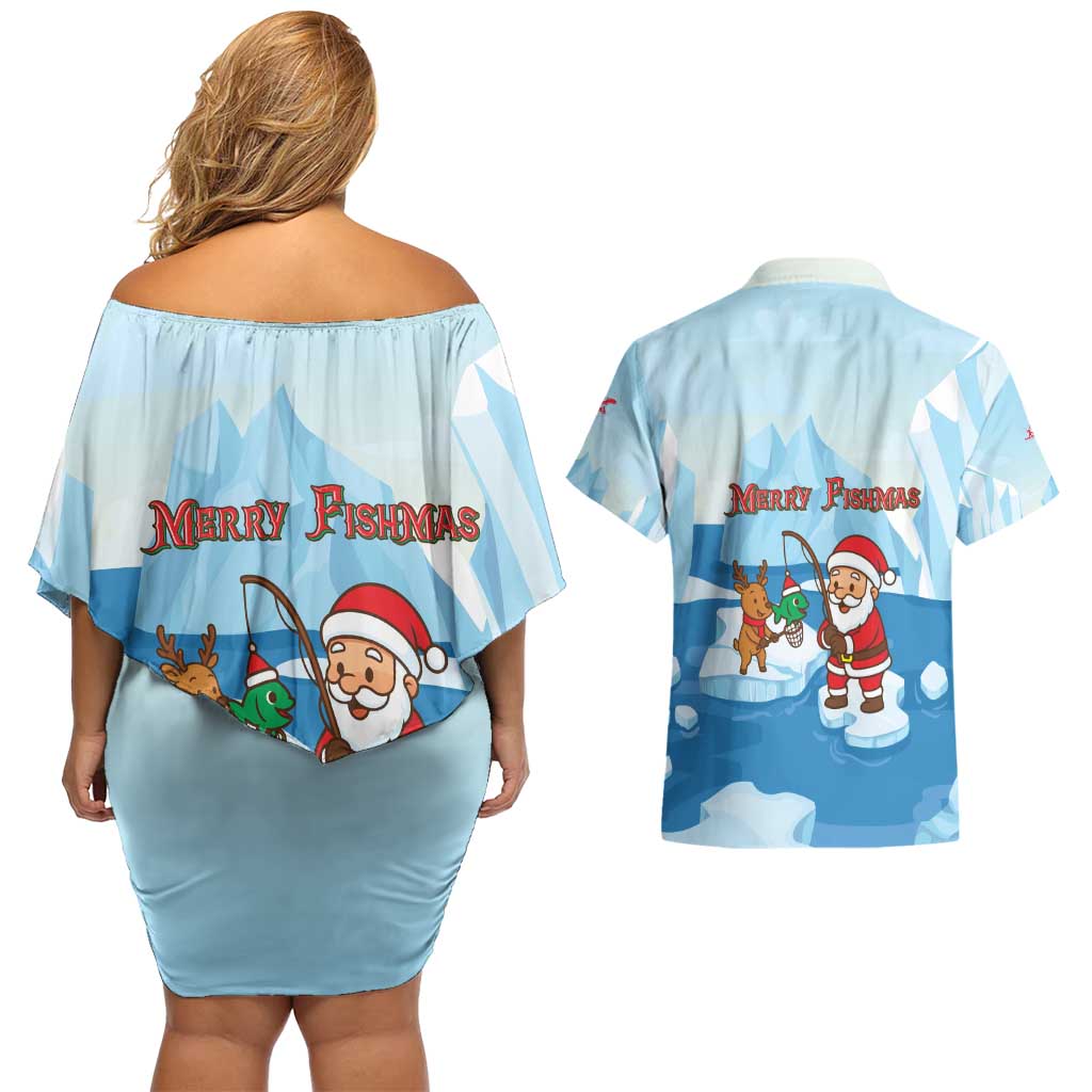 Christmas Fishing Couples Matching Off Shoulder Short Dress and Hawaiian Shirt with Santa Claus Reindeer Iceberg and Merry Fishmas Design - Wonder Print Shop