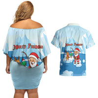 Christmas Fishing Couples Matching Off Shoulder Short Dress and Hawaiian Shirt with Santa Claus Reindeer Iceberg and Merry Fishmas Design - Wonder Print Shop