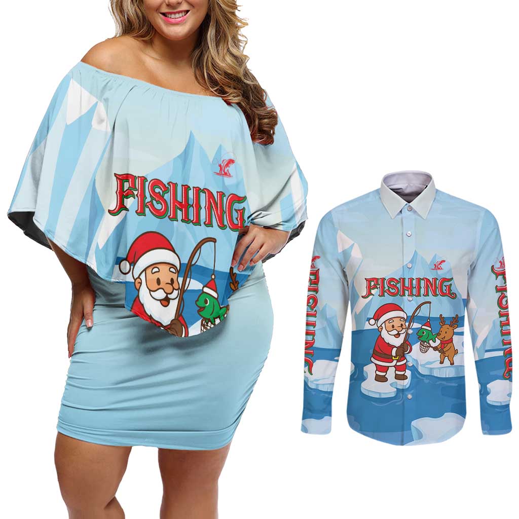 Christmas Fishing Couples Matching Off Shoulder Short Dress and Long Sleeve Button Shirt with Santa Claus Reindeer Iceberg and Merry Fishmas Design - Wonder Print Shop