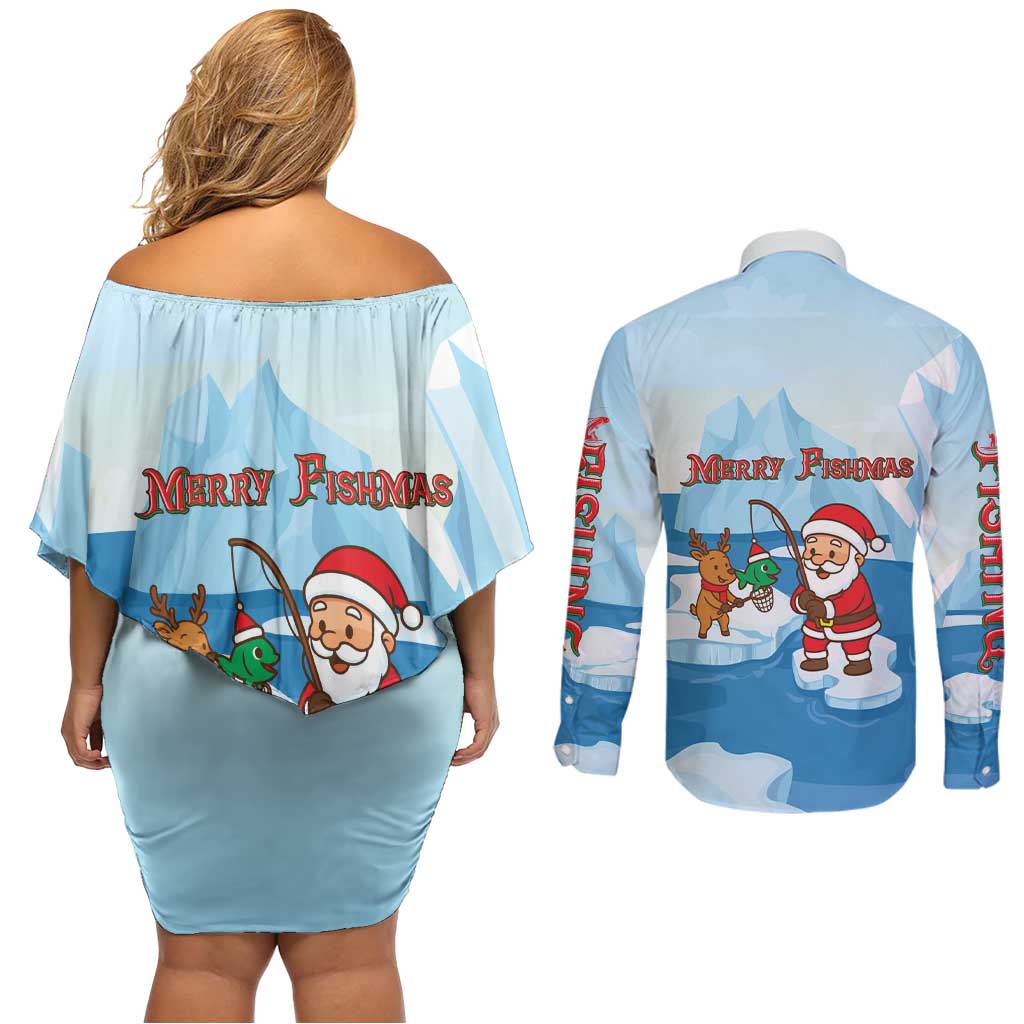 Christmas Fishing Couples Matching Off Shoulder Short Dress and Long Sleeve Button Shirt with Santa Claus Reindeer Iceberg and Merry Fishmas Design - Wonder Print Shop