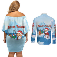 Christmas Fishing Couples Matching Off Shoulder Short Dress and Long Sleeve Button Shirt with Santa Claus Reindeer Iceberg and Merry Fishmas Design - Wonder Print Shop