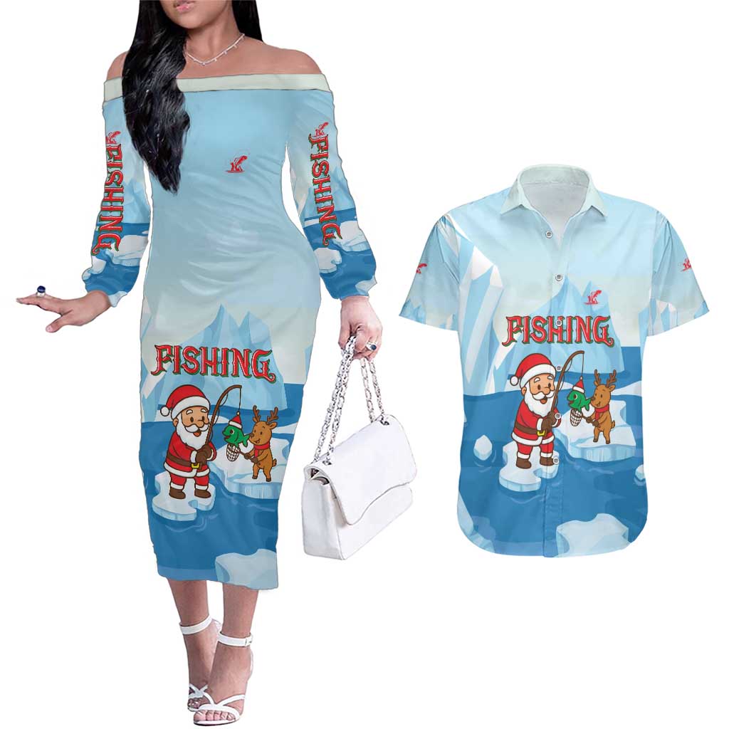 Christmas Fishing Couples Matching Off The Shoulder Long Sleeve Dress and Hawaiian Shirt with Santa Claus Reindeer Iceberg and Merry Fishmas Design - Wonder Print Shop