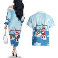 Christmas Fishing Couples Matching Off The Shoulder Long Sleeve Dress and Hawaiian Shirt with Santa Claus Reindeer Iceberg and Merry Fishmas Design - Wonder Print Shop