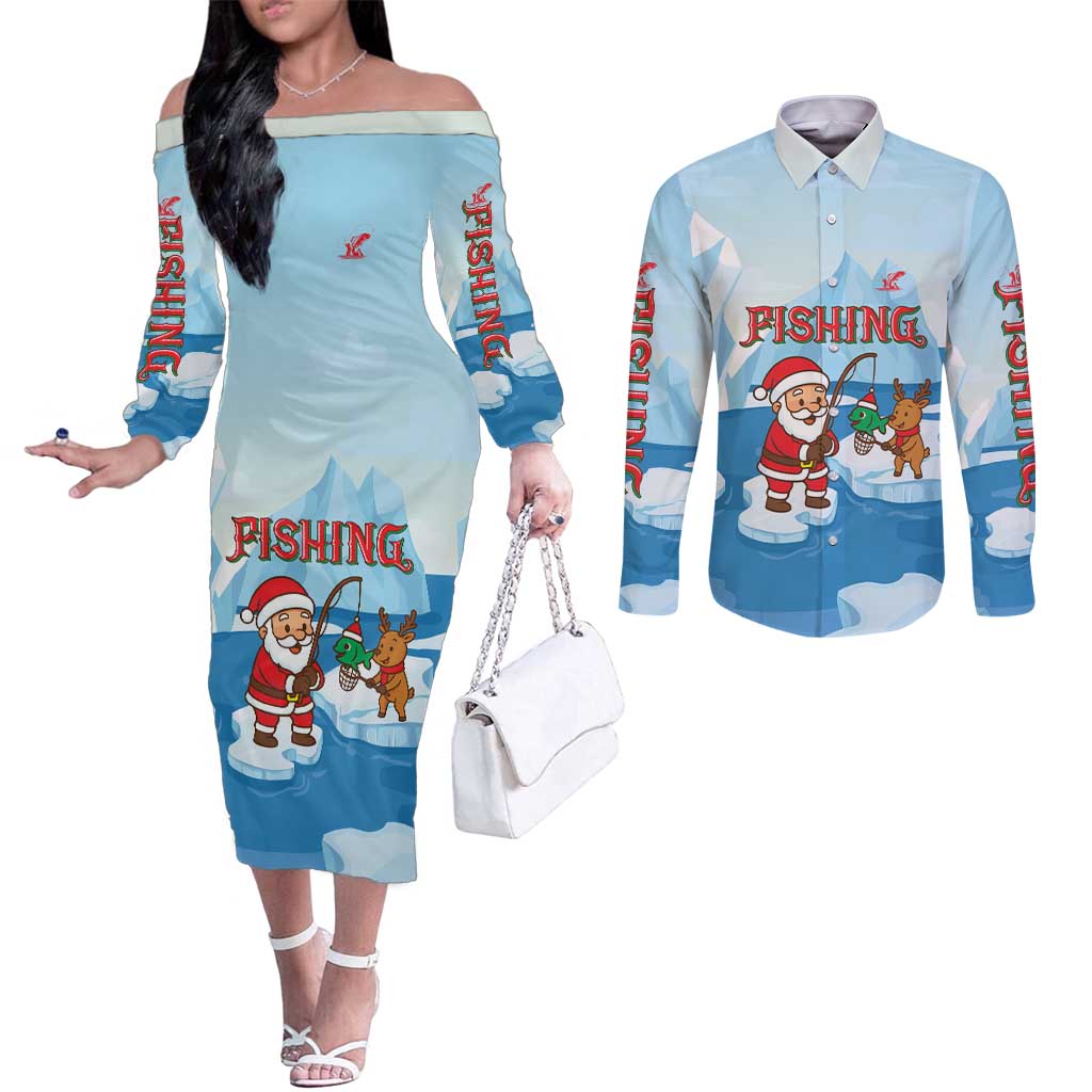 Christmas Fishing Couples Matching Off The Shoulder Long Sleeve Dress and Long Sleeve Button Shirt with Santa Claus Reindeer Iceberg and Merry Fishmas Design - Wonder Print Shop