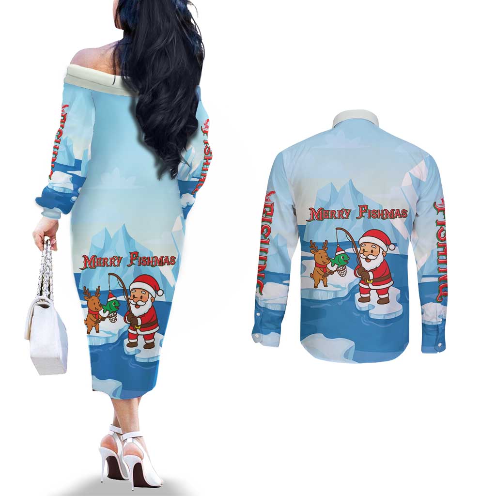 Christmas Fishing Couples Matching Off The Shoulder Long Sleeve Dress and Long Sleeve Button Shirt with Santa Claus Reindeer Iceberg and Merry Fishmas Design - Wonder Print Shop