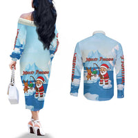 Christmas Fishing Couples Matching Off The Shoulder Long Sleeve Dress and Long Sleeve Button Shirt with Santa Claus Reindeer Iceberg and Merry Fishmas Design - Wonder Print Shop