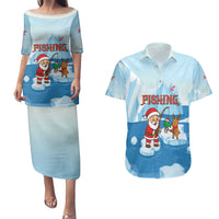 Christmas Fishing Couples Matching Puletasi and Hawaiian Shirt with Santa Claus Reindeer Iceberg and Merry Fishmas Design - Wonder Print Shop
