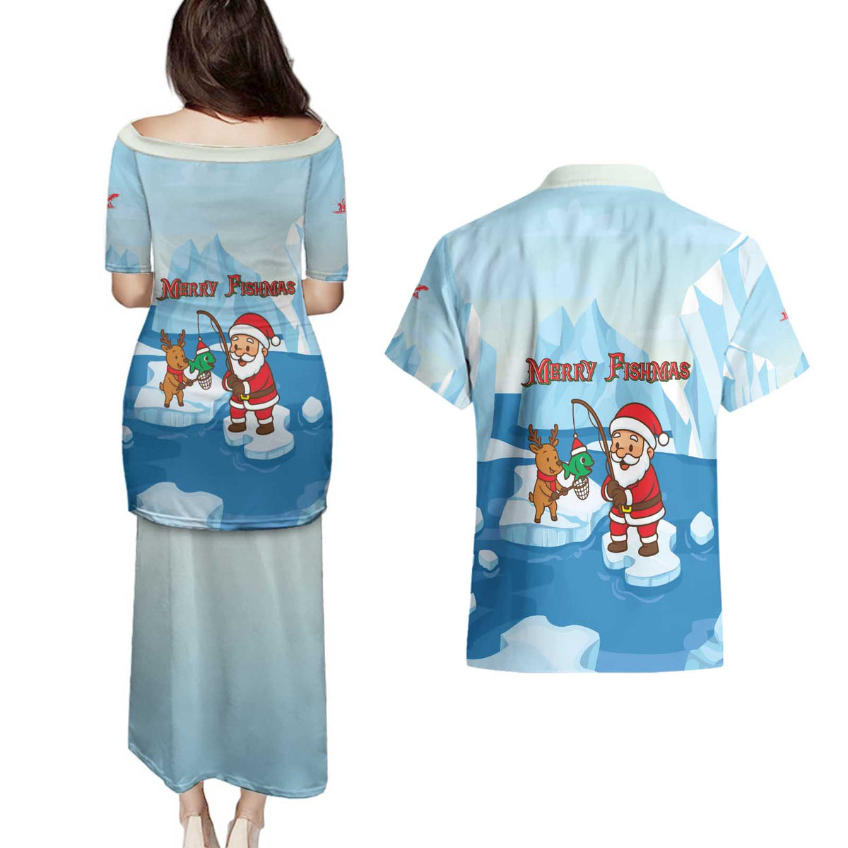 Christmas Fishing Couples Matching Puletasi and Hawaiian Shirt with Santa Claus Reindeer Iceberg and Merry Fishmas Design - Wonder Print Shop