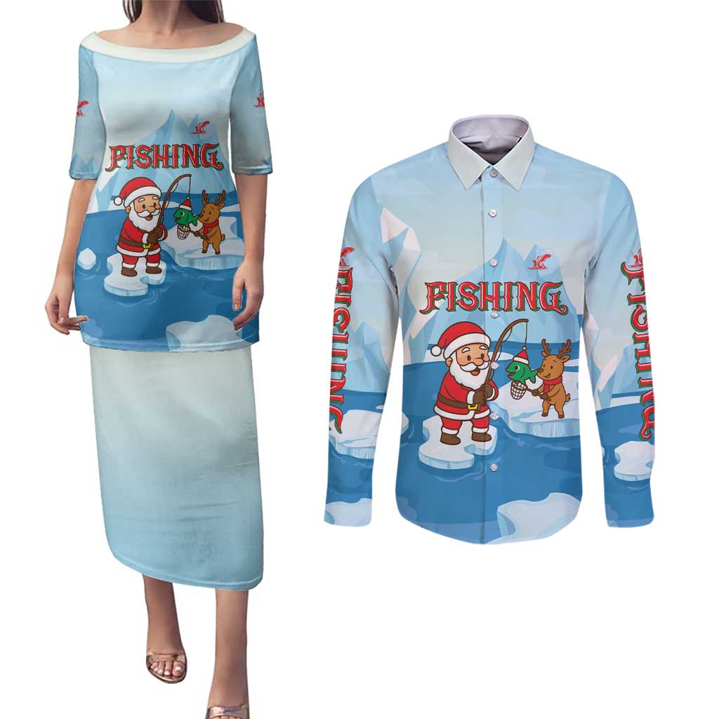 Christmas Fishing Couples Matching Puletasi and Long Sleeve Button Shirt with Santa Claus Reindeer Iceberg and Merry Fishmas Design - Wonder Print Shop