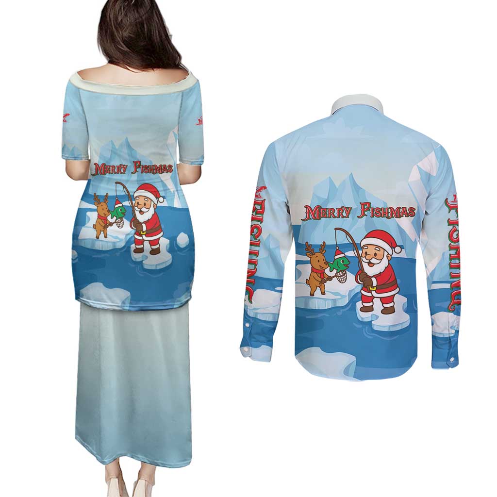 Christmas Fishing Couples Matching Puletasi and Long Sleeve Button Shirt with Santa Claus Reindeer Iceberg and Merry Fishmas Design - Wonder Print Shop