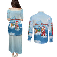 Christmas Fishing Couples Matching Puletasi and Long Sleeve Button Shirt with Santa Claus Reindeer Iceberg and Merry Fishmas Design - Wonder Print Shop