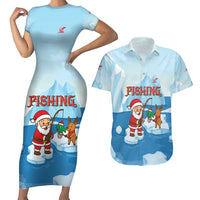 Christmas Fishing Couples Matching Short Sleeve Bodycon Dress and Hawaiian Shirt with Santa Claus Reindeer Iceberg and Merry Fishmas Design - Wonder Print Shop
