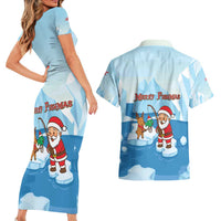 Christmas Fishing Couples Matching Short Sleeve Bodycon Dress and Hawaiian Shirt with Santa Claus Reindeer Iceberg and Merry Fishmas Design - Wonder Print Shop