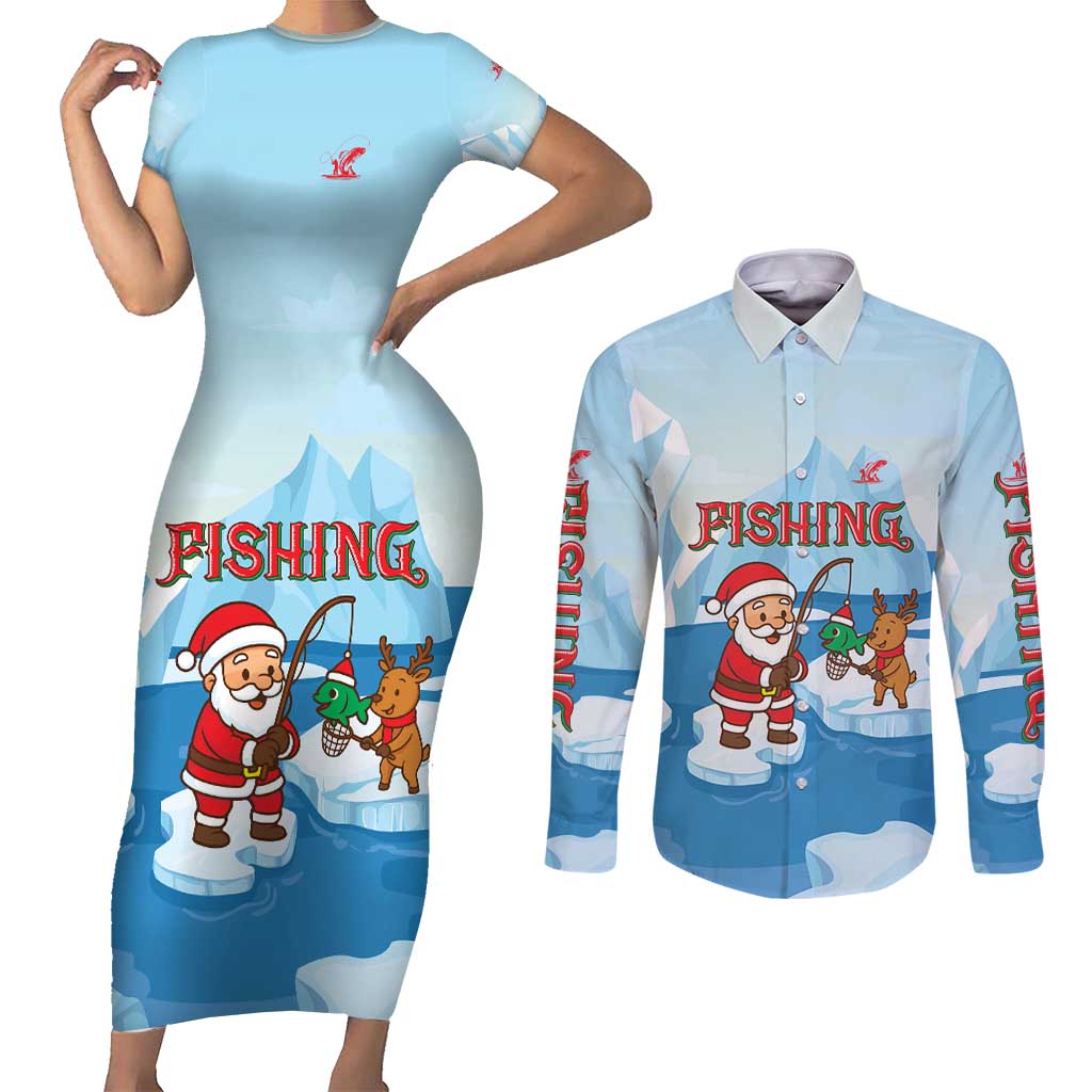 Christmas Fishing Couples Matching Short Sleeve Bodycon Dress and Long Sleeve Button Shirt with Santa Claus Reindeer Iceberg and Merry Fishmas Design - Wonder Print Shop