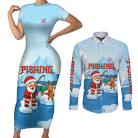 Christmas Fishing Couples Matching Short Sleeve Bodycon Dress and Long Sleeve Button Shirt with Santa Claus Reindeer Iceberg and Merry Fishmas Design - Wonder Print Shop