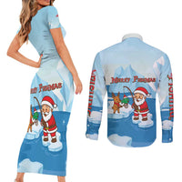 Christmas Fishing Couples Matching Short Sleeve Bodycon Dress and Long Sleeve Button Shirt with Santa Claus Reindeer Iceberg and Merry Fishmas Design - Wonder Print Shop