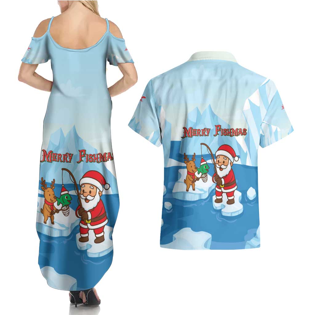 Christmas Fishing Couples Matching Summer Maxi Dress and Hawaiian Shirt with Santa Claus Reindeer Iceberg and Merry Fishmas Design - Wonder Print Shop