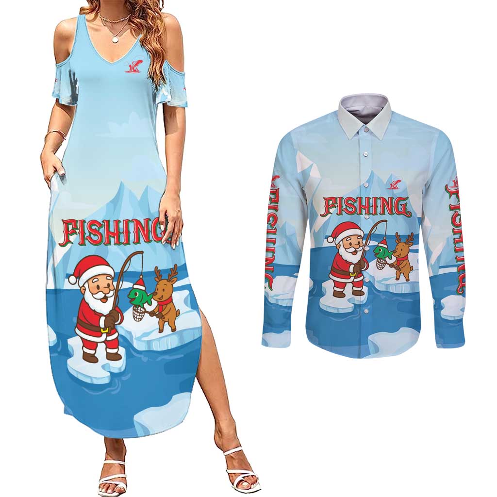 Christmas Fishing Couples Matching Summer Maxi Dress and Long Sleeve Button Shirt with Santa Claus Reindeer Iceberg and Merry Fishmas Design - Wonder Print Shop